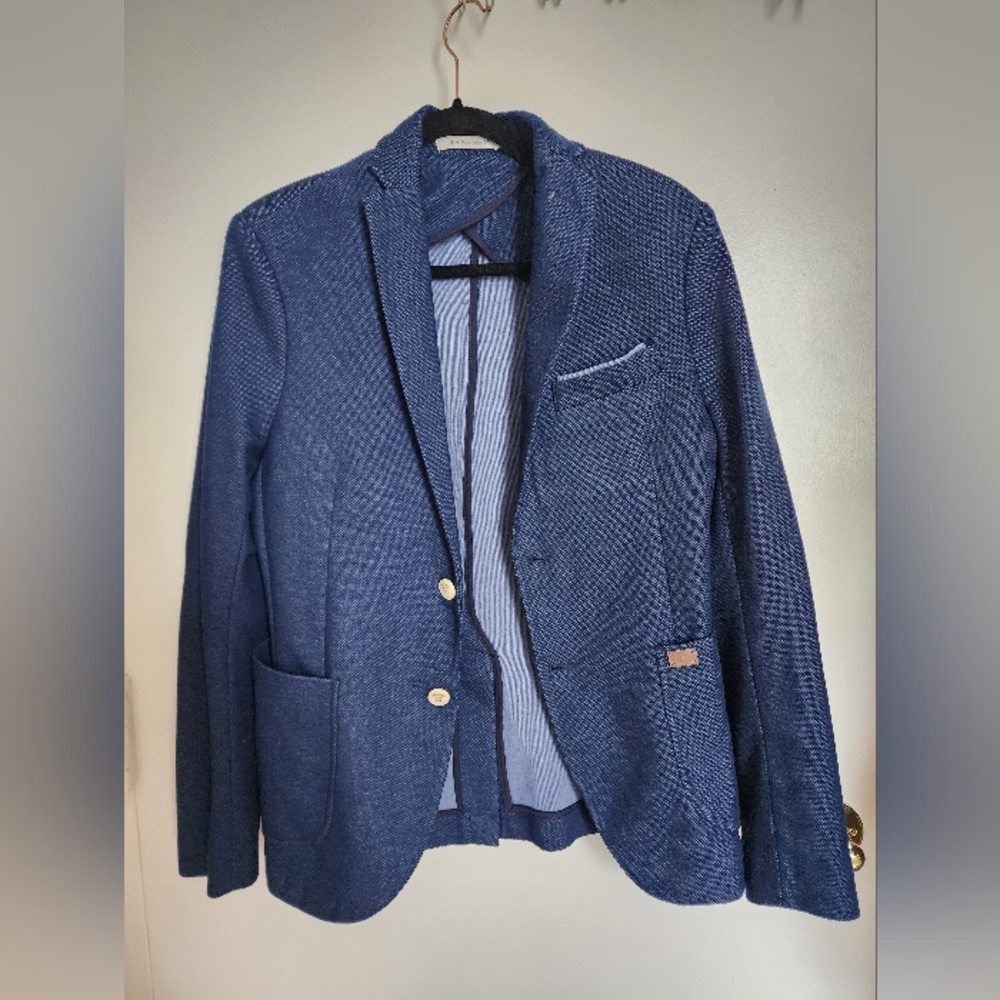 2022 ZARA MAN Navy Blue Sport Coat Suit Blazer Jacket 38R Slim Fit Cotton Blend